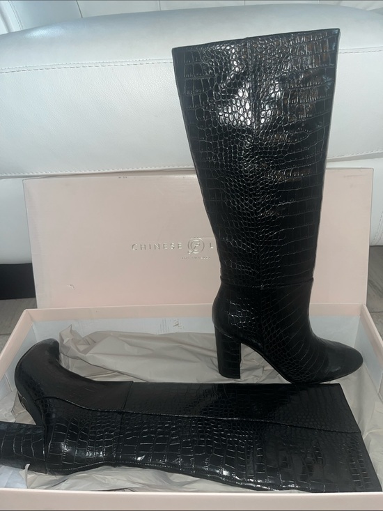 Chinese Laundry Shoes - Chinese Laundry Black Croc-Embossed Knee-High Block Heel Boots